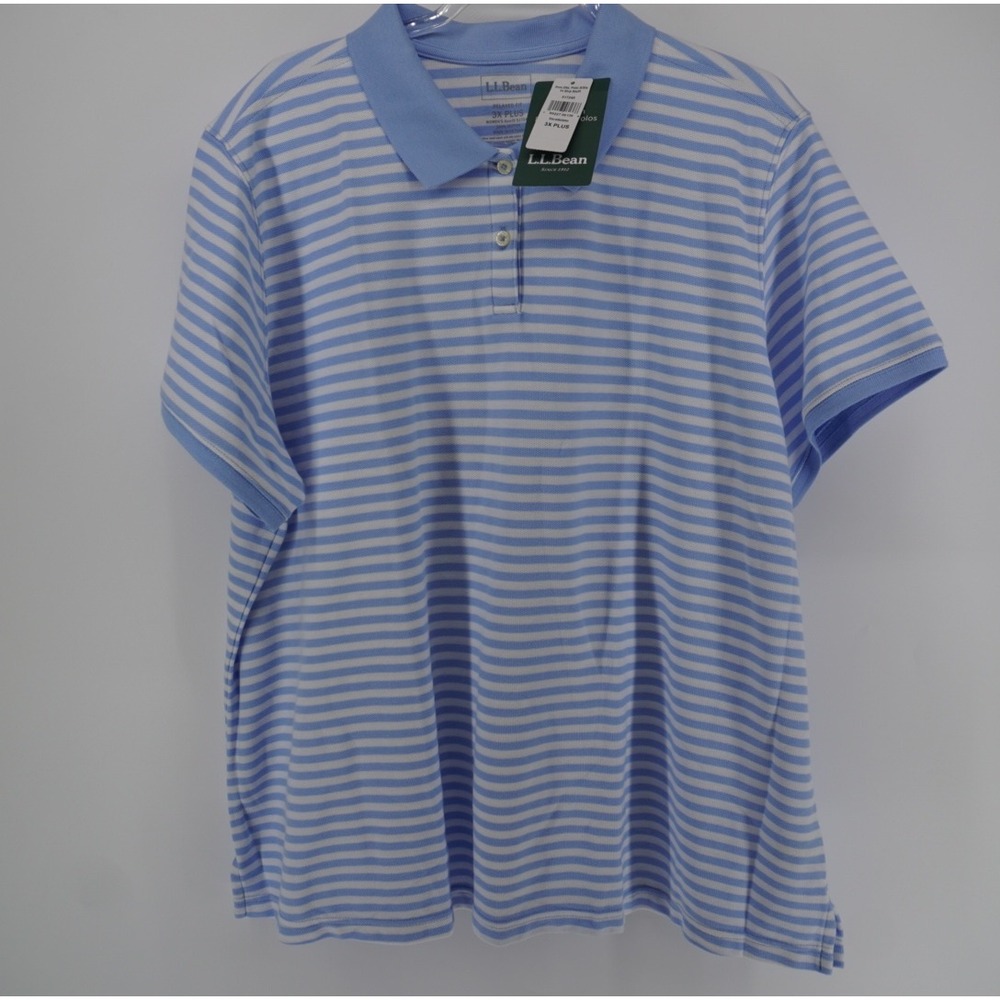 LL Bean Womens 3X Plus Polo Shirt Blue White Striped Cotton Relaxed Fit NEW